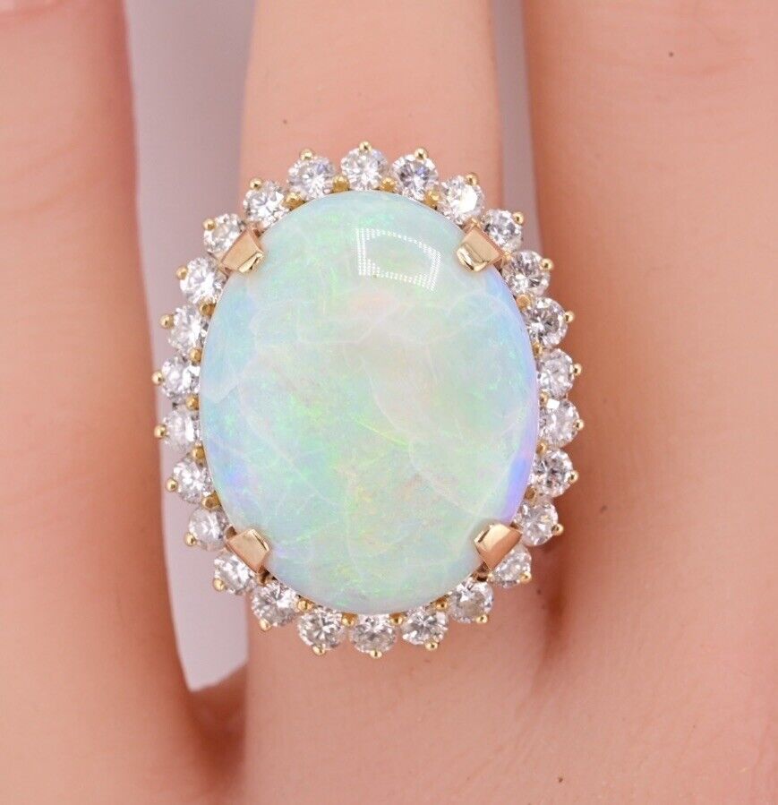 Massive 14K Yellow Gold Natural Opal & Diamond Ring 12.73 Grams