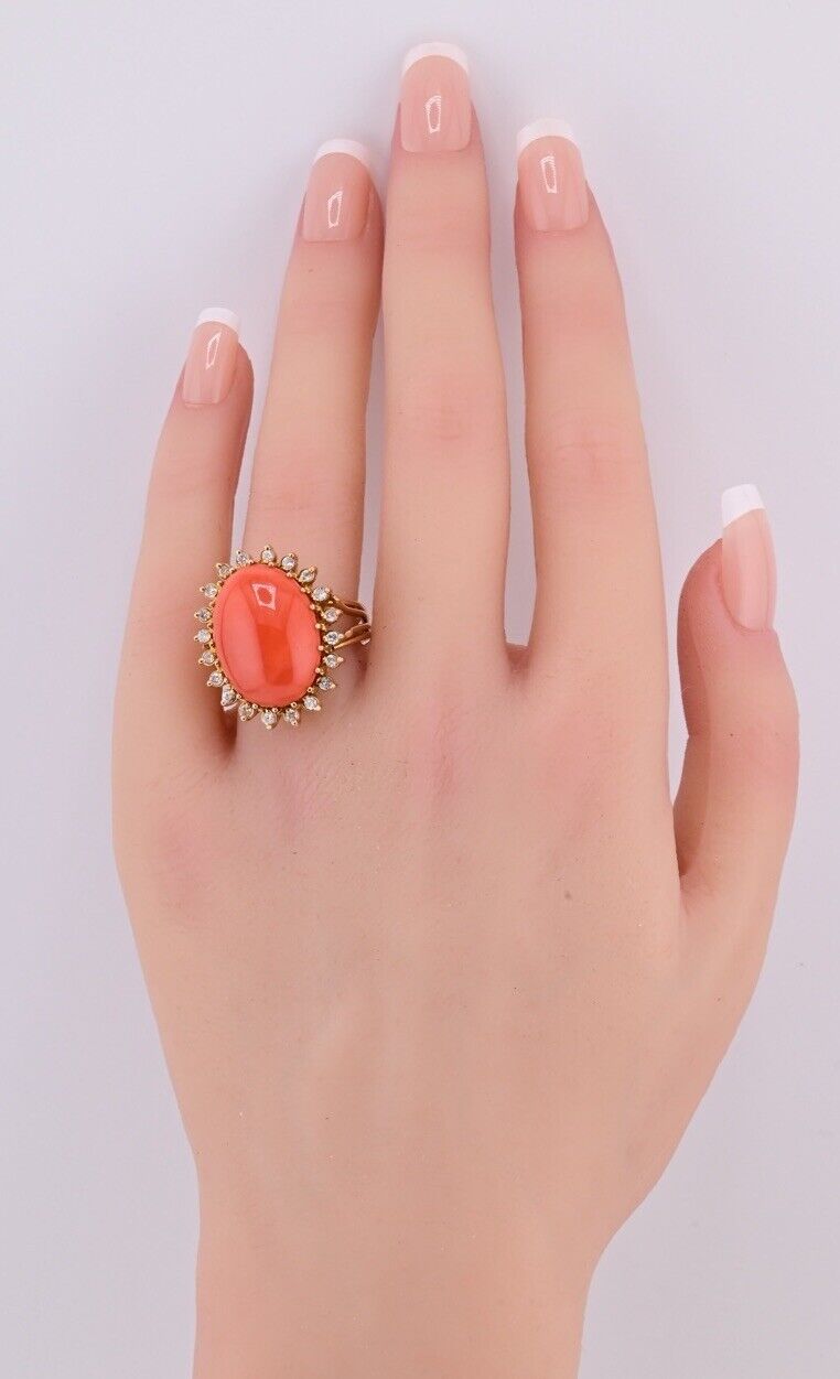 Marvelous Italian Momo Coral 14K Yellow Gold Ring Surrounded With Diamonds