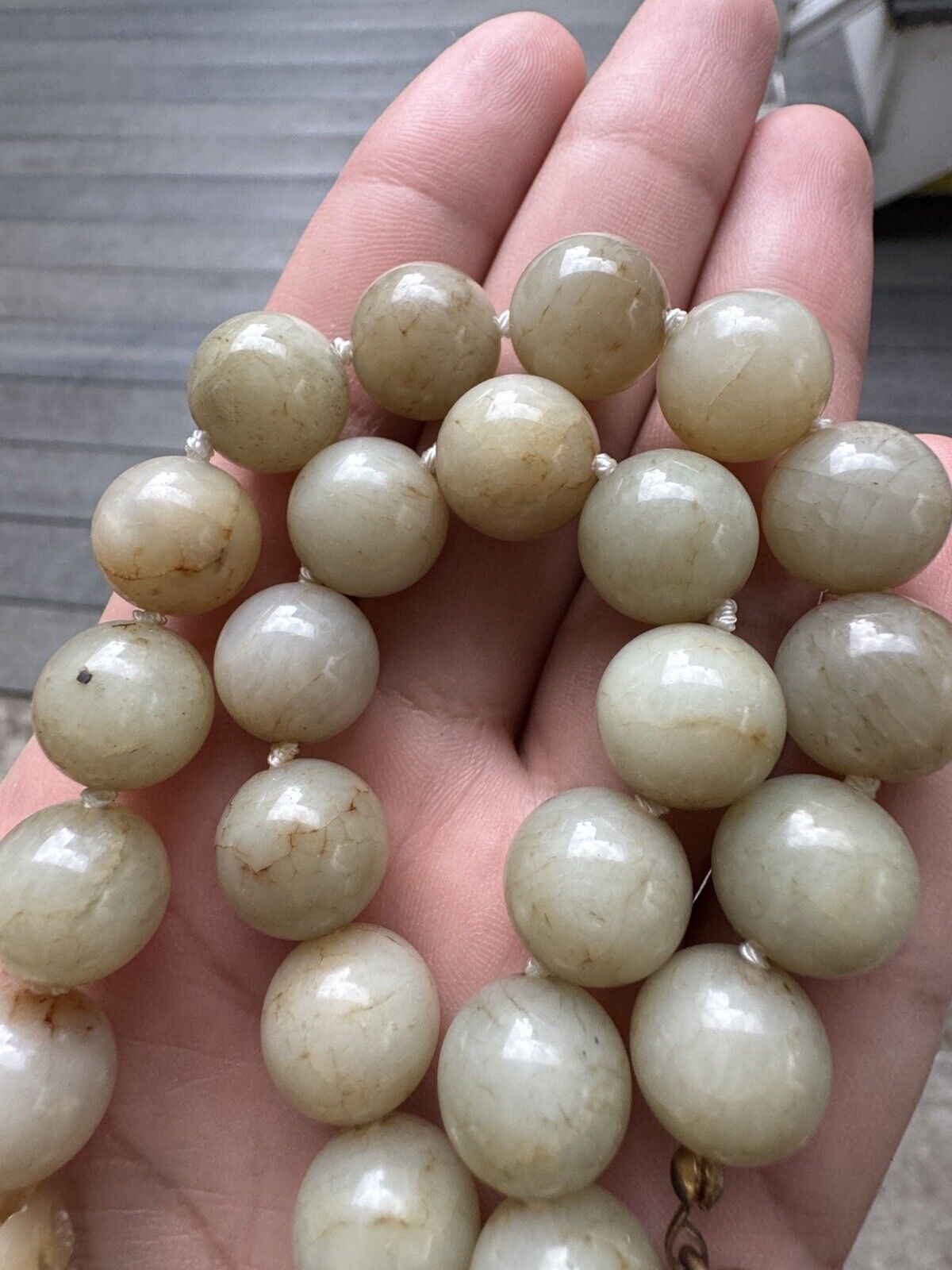 Exceptional Antique Chinese White Jade Necklace With Carved Beads  