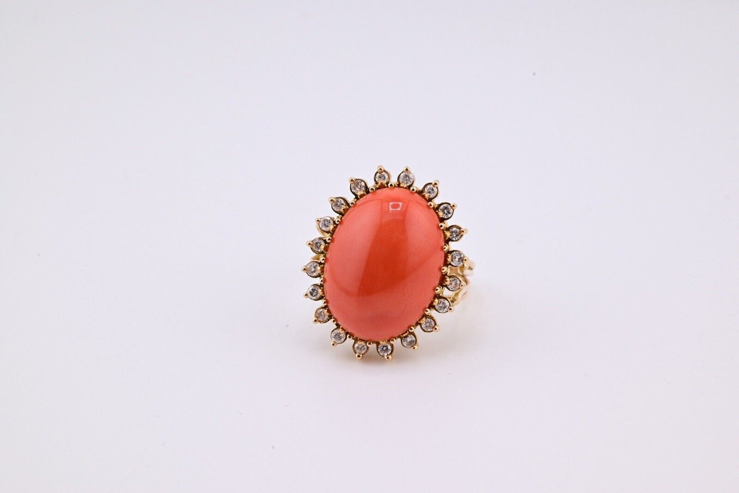 Marvelous Italian Momo Coral 14K Yellow Gold Ring Surrounded With Diamonds