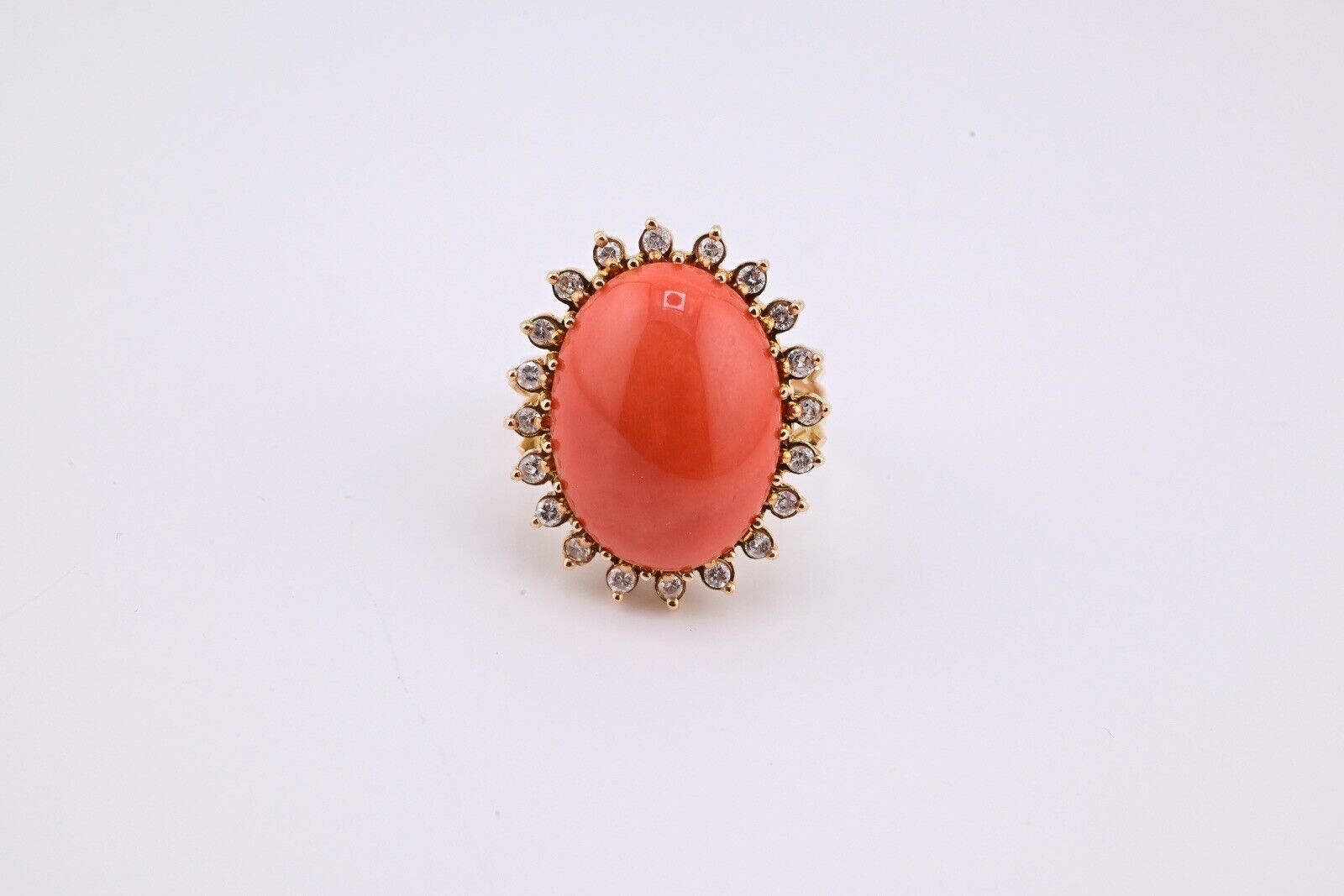 Marvelous Italian Momo Coral 14K Yellow Gold Ring Surrounded With Diamonds