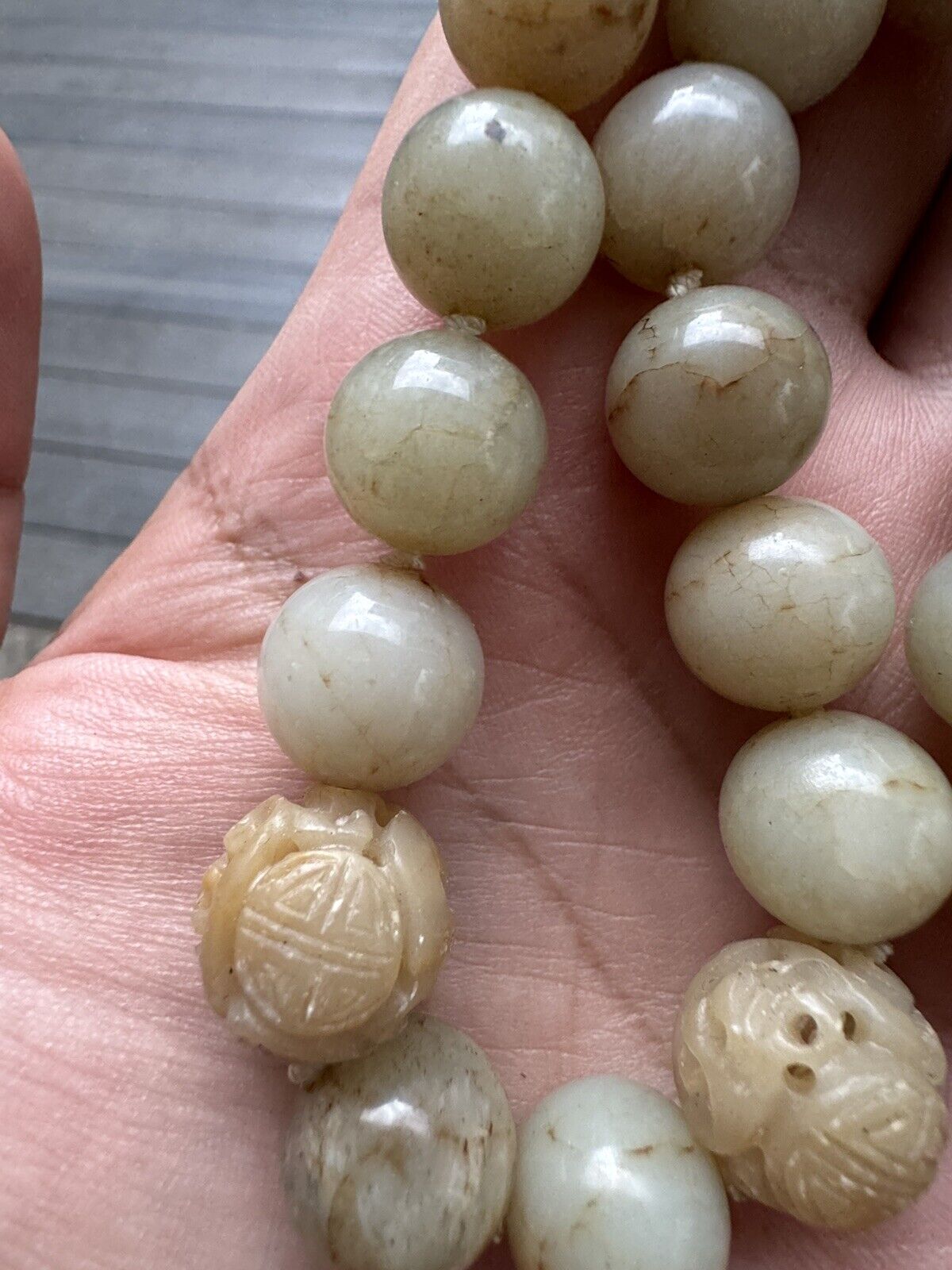 Exceptional Antique Chinese White Jade Necklace With Carved Beads  