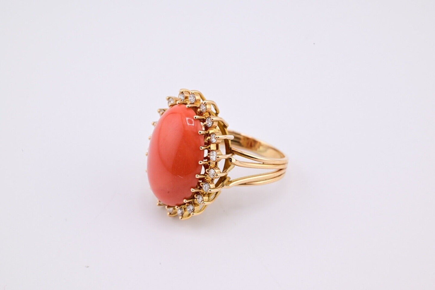 Marvelous Italian Momo Coral 14K Yellow Gold Ring Surrounded With Diamonds