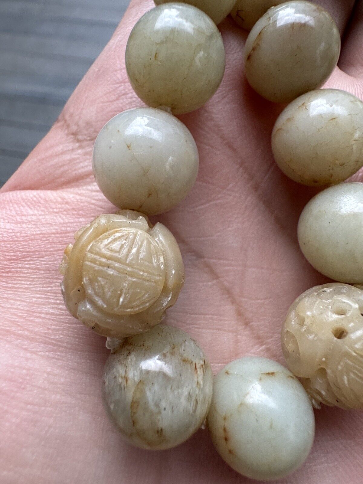 Exceptional Antique Chinese White Jade Necklace With Carved Beads  