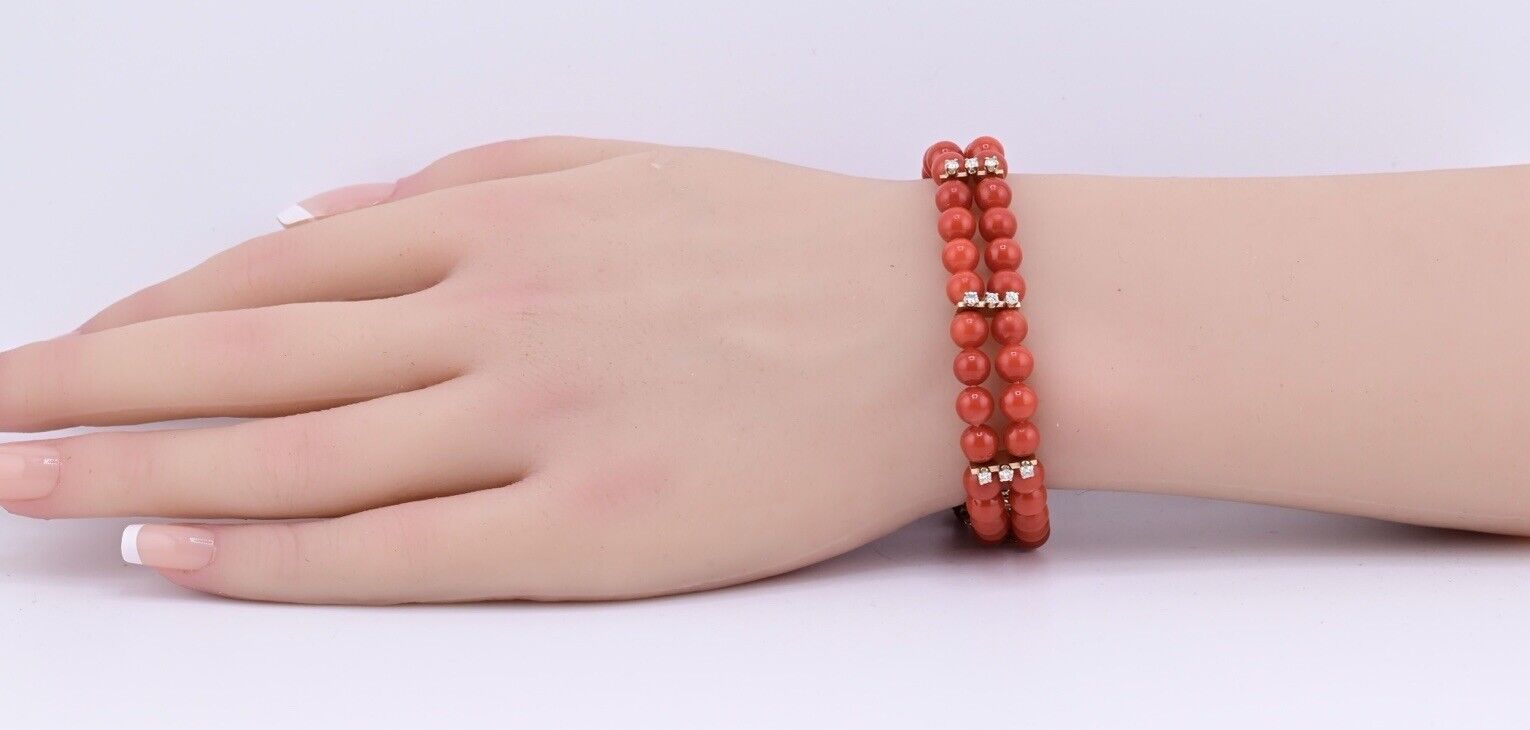 Fabulous Blood Red Coral Bracelet With Natural Diamonds 