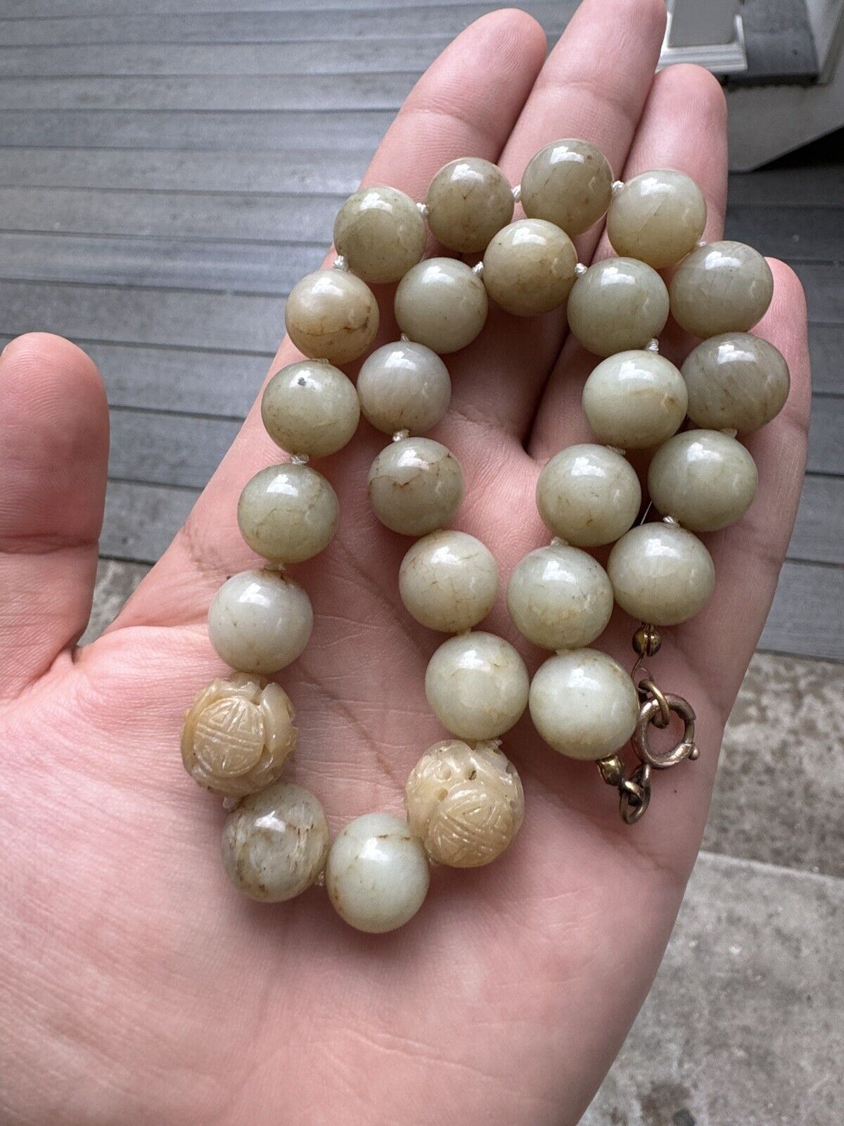 Exceptional Antique Chinese White Jade Necklace With Carved Beads  