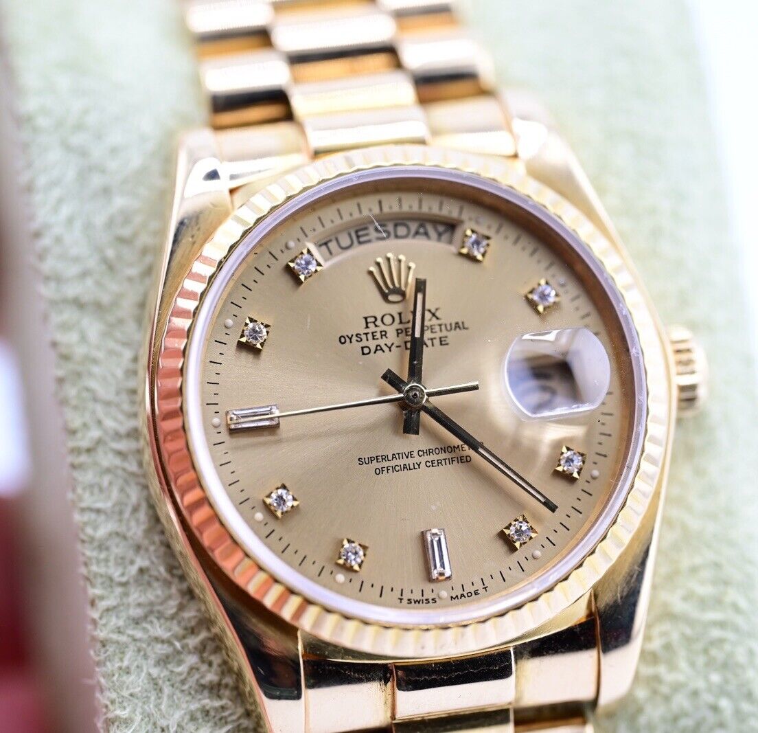 Rolex 18038 Single Quickset Presdiential Day Date 36 MM With Diamond Dial