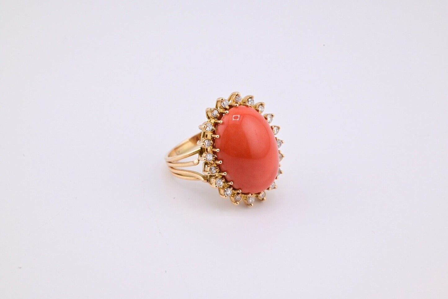 Marvelous Italian Momo Coral 14K Yellow Gold Ring Surrounded With Diamonds