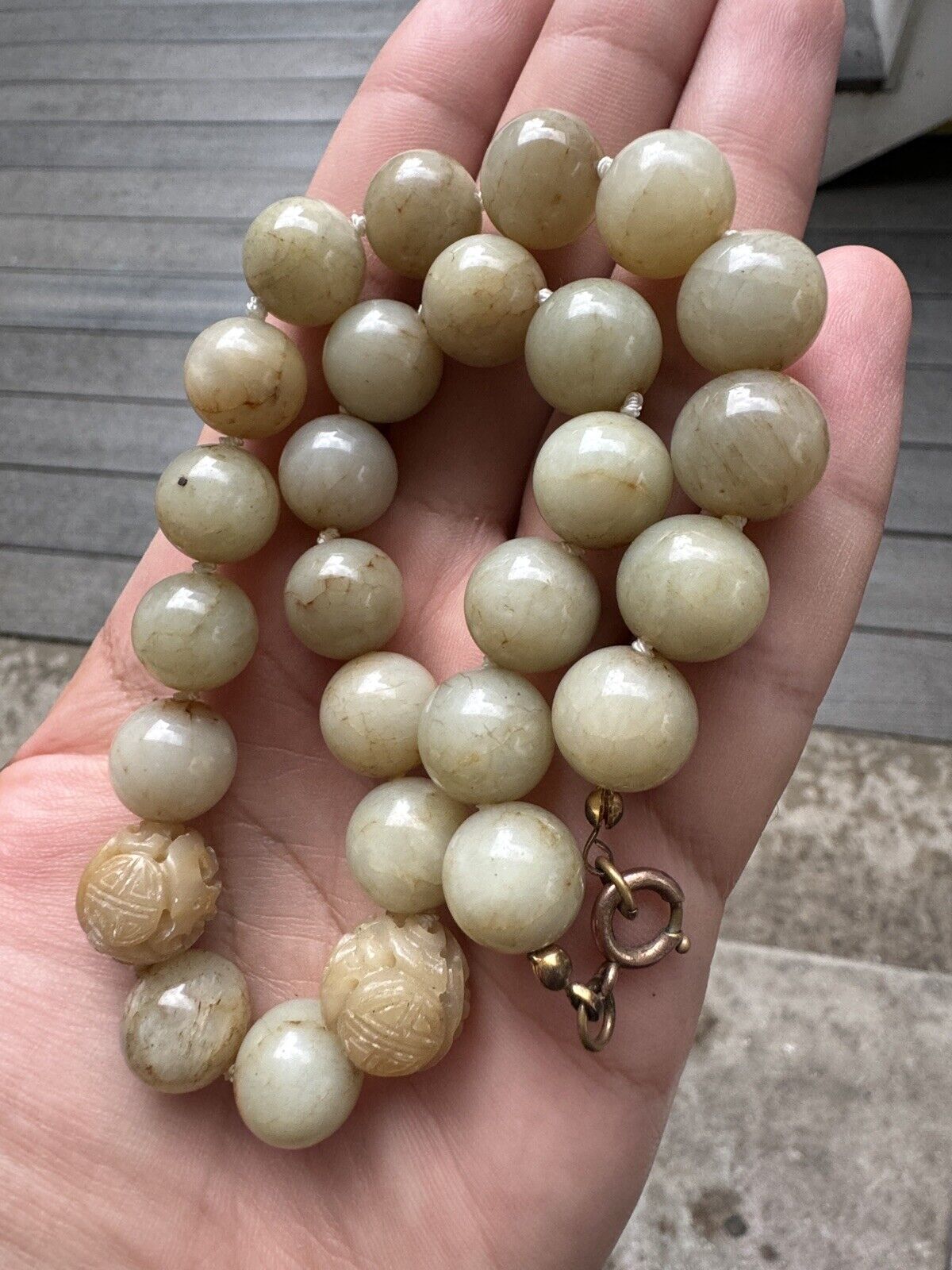 Exceptional Antique Chinese White Jade Necklace With Carved Beads  