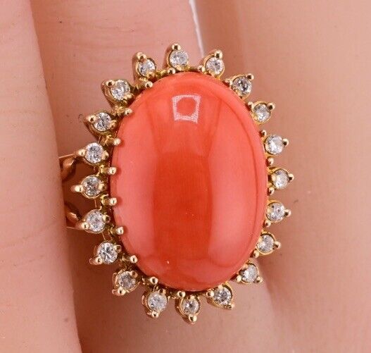 Marvelous Italian Momo Coral 14K Yellow Gold Ring Surrounded With Diamonds