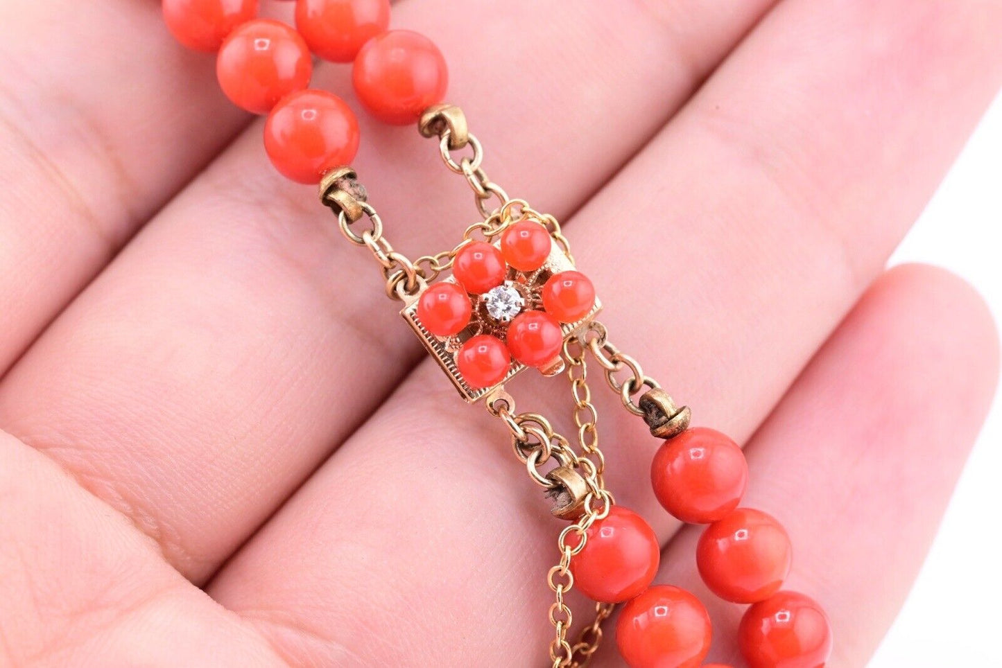 Fabulous Blood Red Coral Bracelet With Natural Diamonds 
