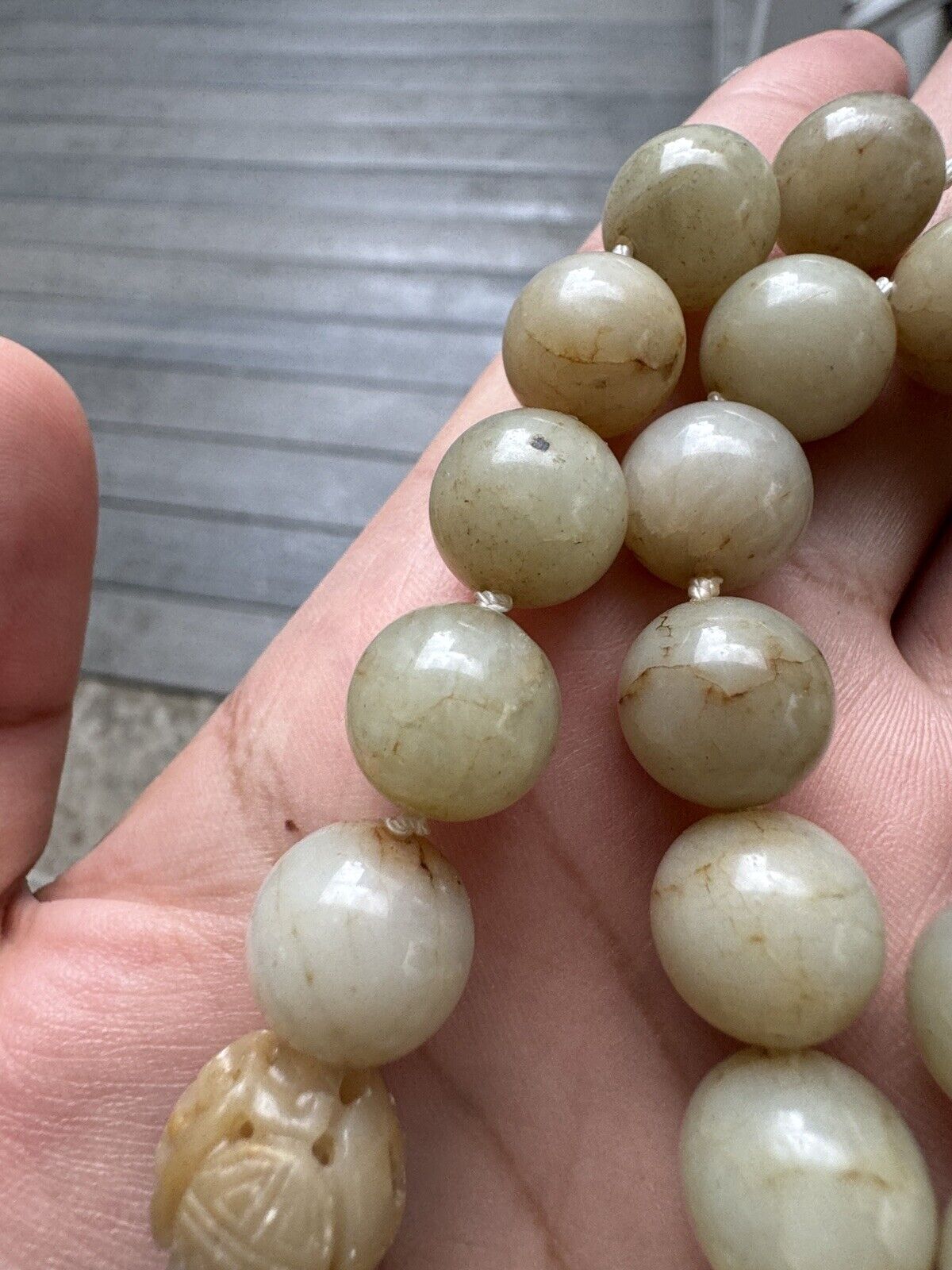 Exceptional Antique Chinese White Jade Necklace With Carved Beads  