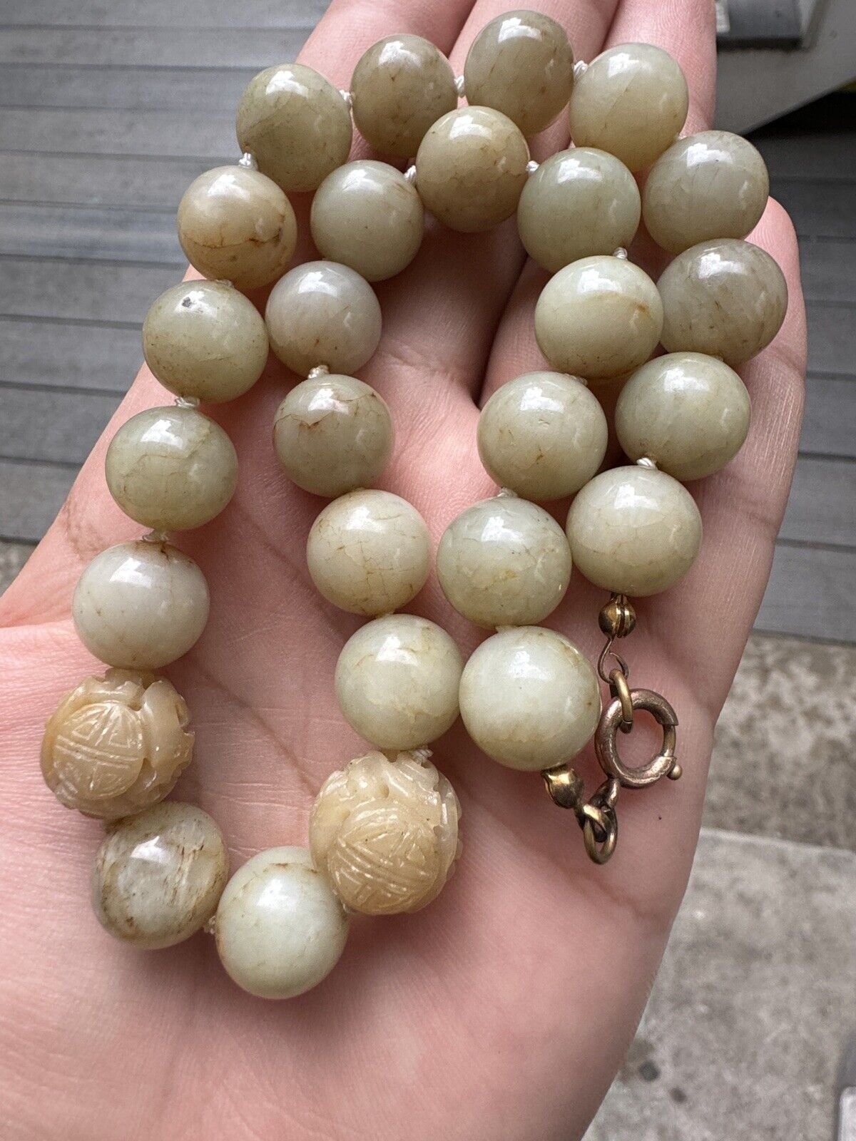 Exceptional Antique Chinese White Jade Necklace With Carved Beads  