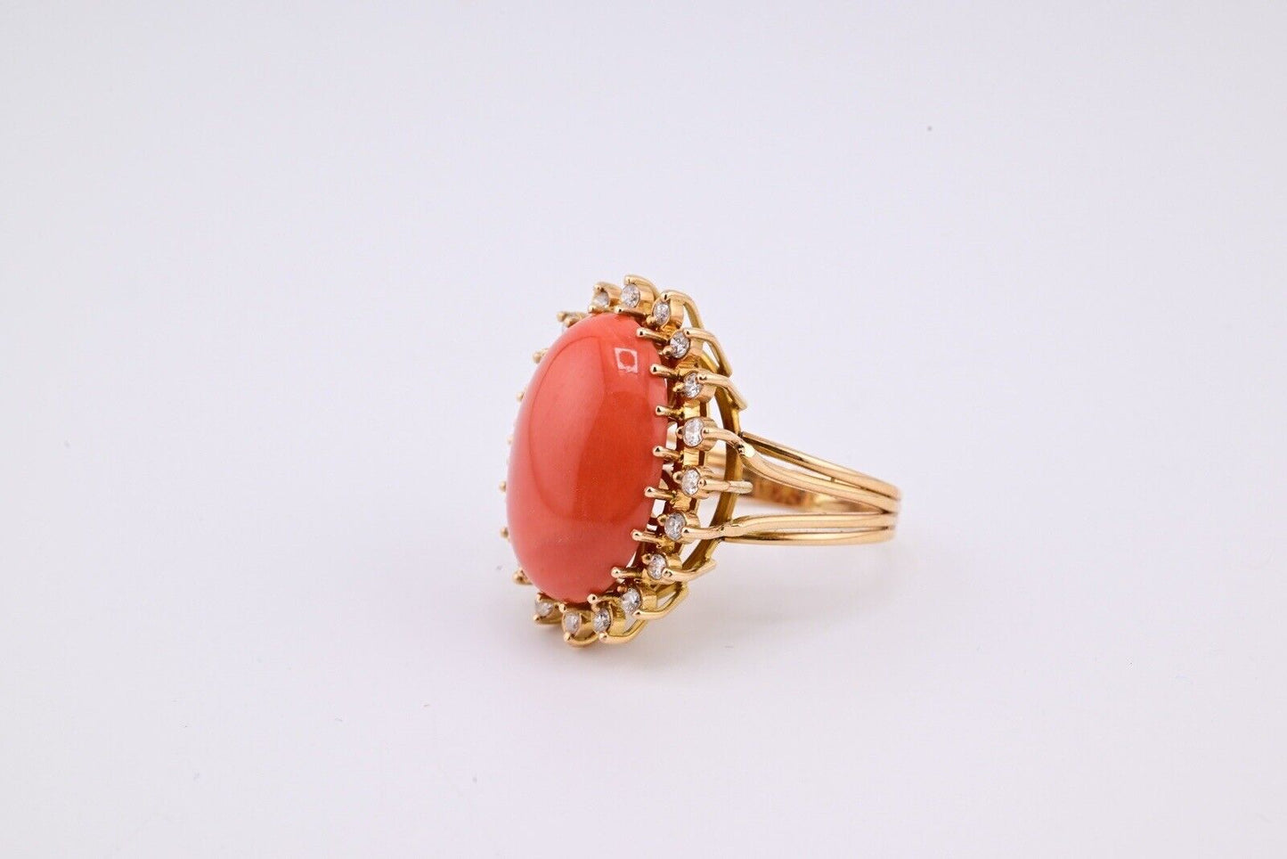 Marvelous Italian Momo Coral 14K Yellow Gold Ring Surrounded With Diamonds