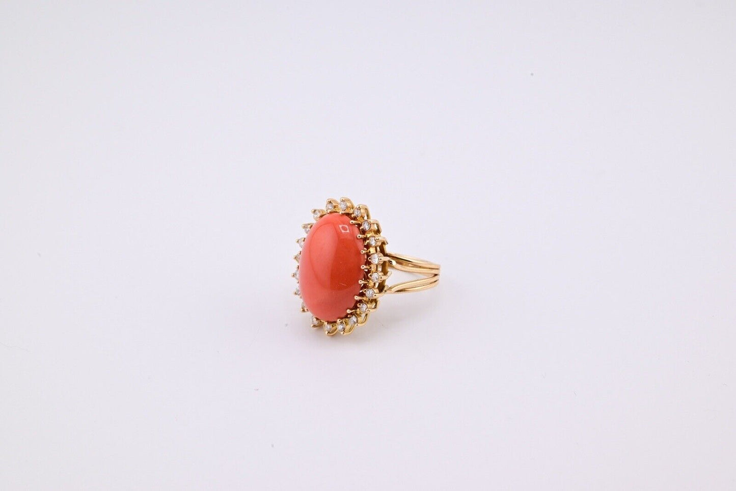 Marvelous Italian Momo Coral 14K Yellow Gold Ring Surrounded With Diamonds