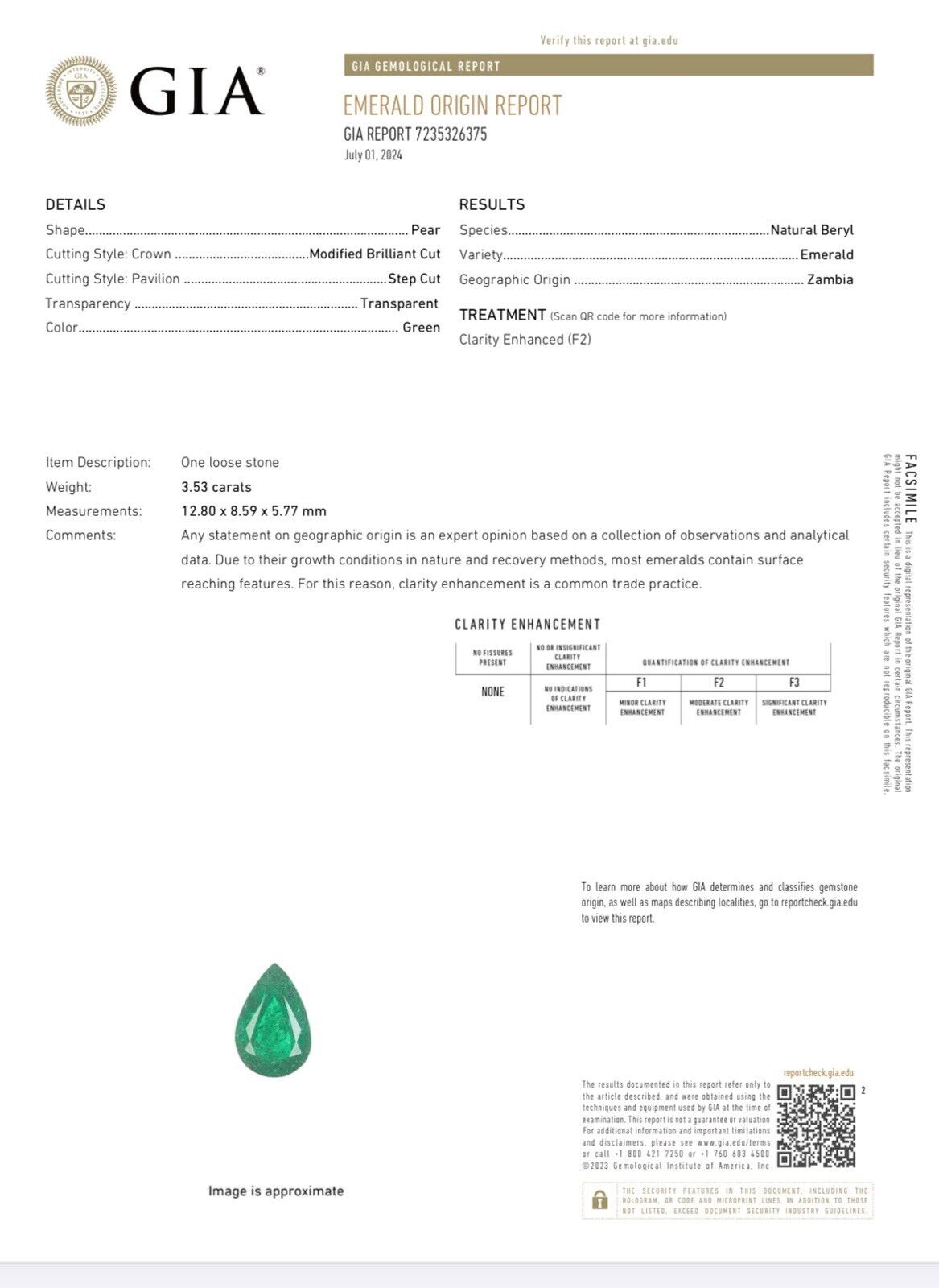 Exceptional Deep Green Natural Emerald Pear Shape Stone GIA Certified 3.53 Carat