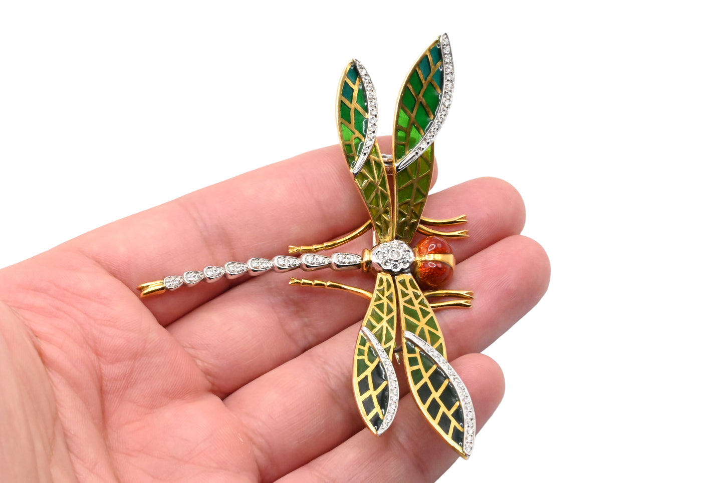 14K Yellow Gold Dragonfly Brooch with Precious Stones