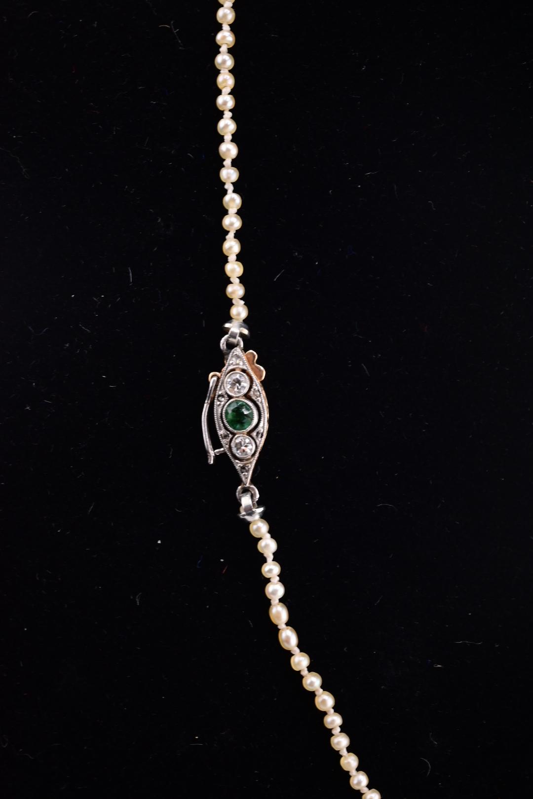 Super Art Deco Period Pearl Necklace With Diamond & Emerald Clasp