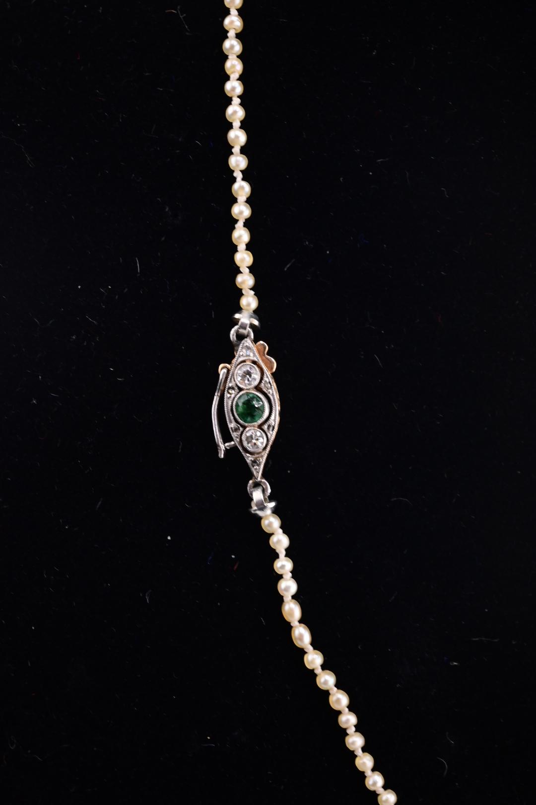 Super Art Deco Period Pearl Necklace With Diamond & Emerald Clasp