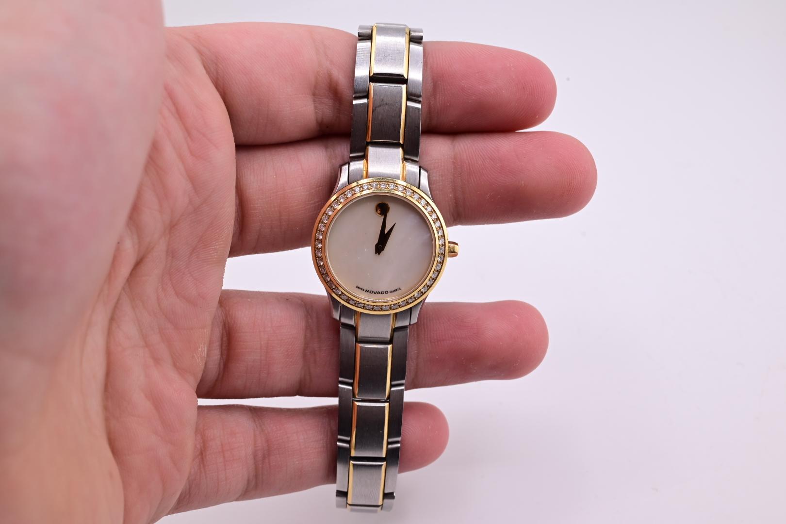 18K Yellow Gold Bezel & Stainless Steel Movado Ladies Watch With Diamonds