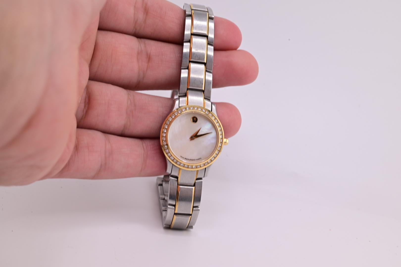 18K Yellow Gold Bezel & Stainless Steel Movado Ladies Watch With Diamonds