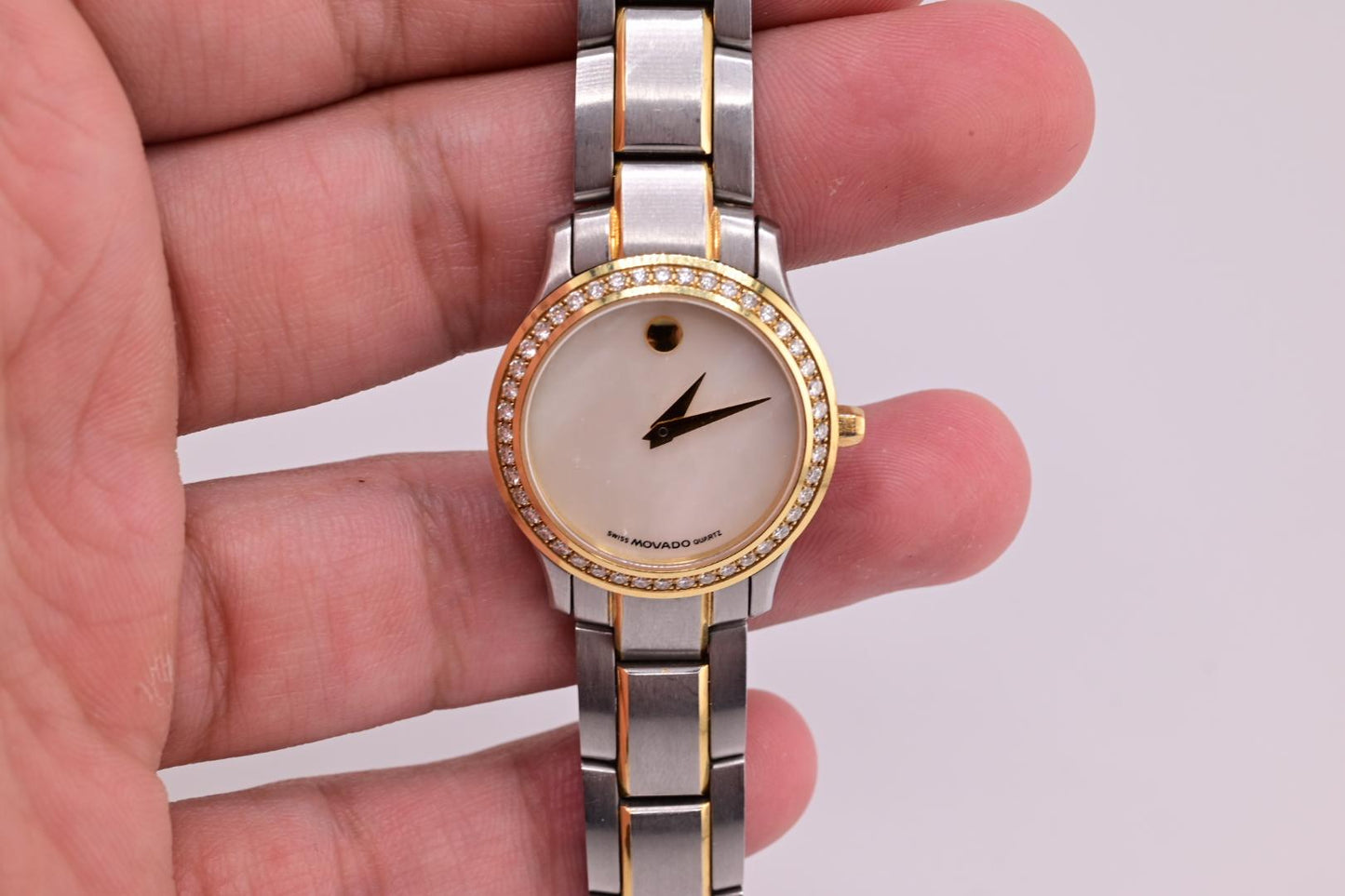 18K Yellow Gold Bezel & Stainless Steel Movado Ladies Watch With Diamonds