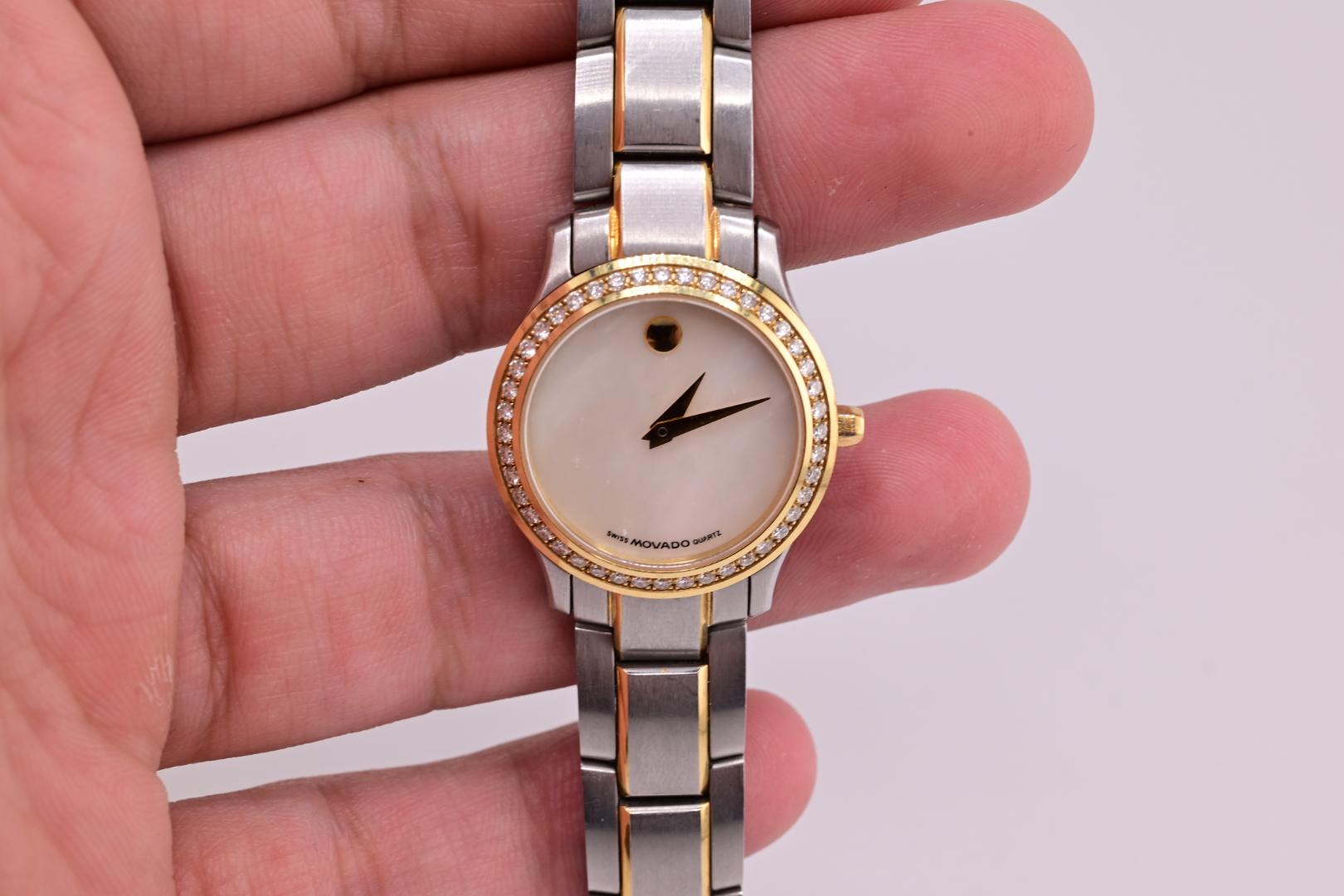 18K Yellow Gold Bezel & Stainless Steel Movado Ladies Watch With Diamonds