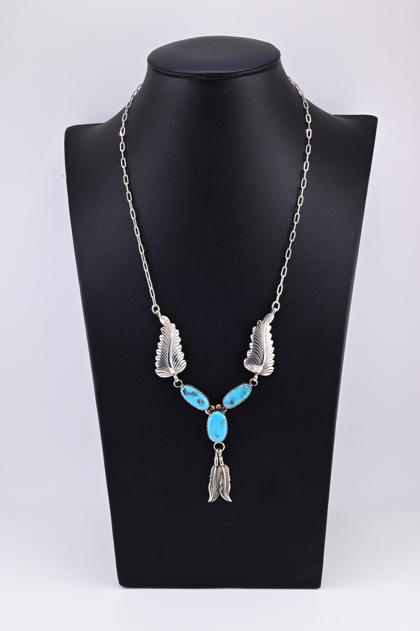 Superb Sterling Silver Native American Navajo Feather Turquoise Necklace