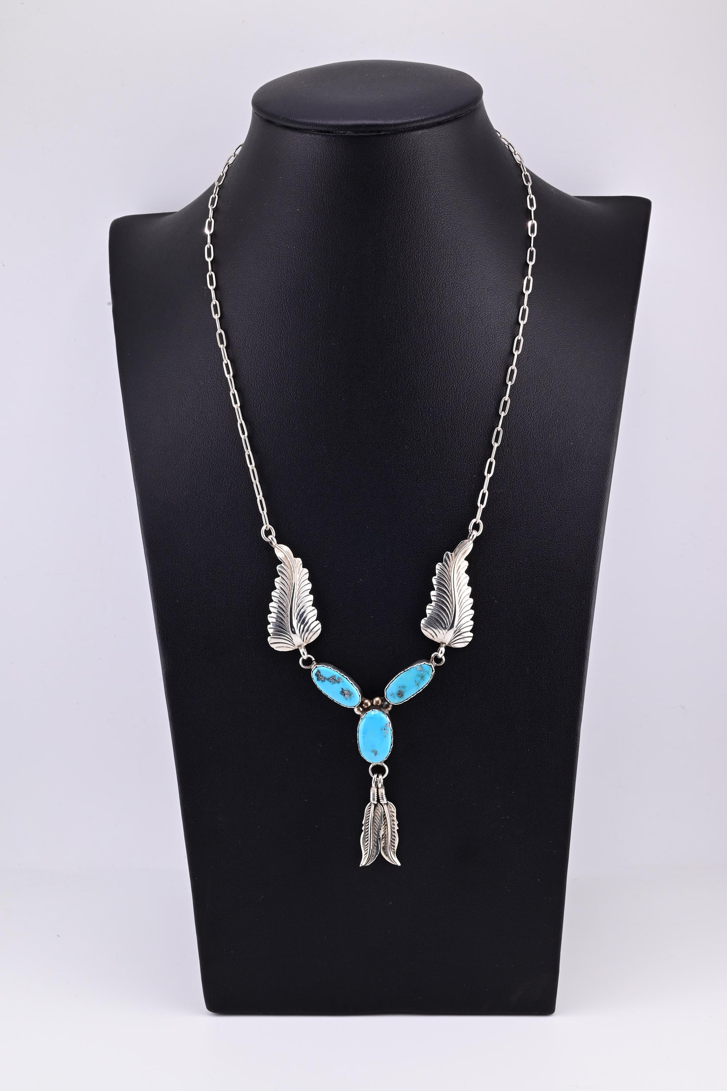 Superb Sterling Silver Native American Navajo Feather Turquoise Necklace