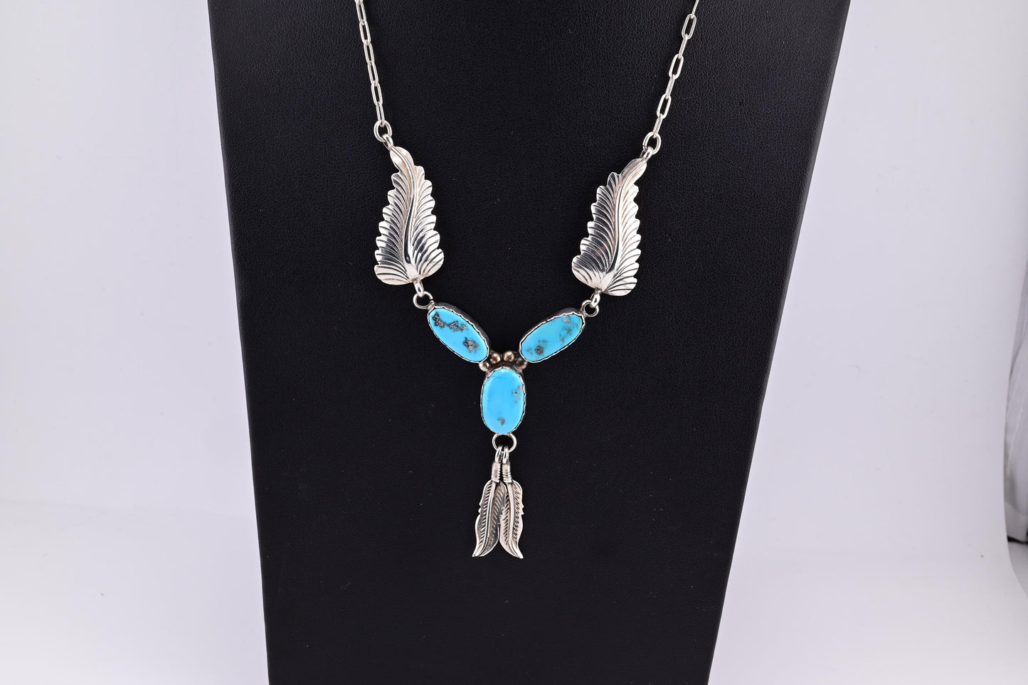 Superb Sterling Silver Native American Navajo Feather Turquoise Necklace