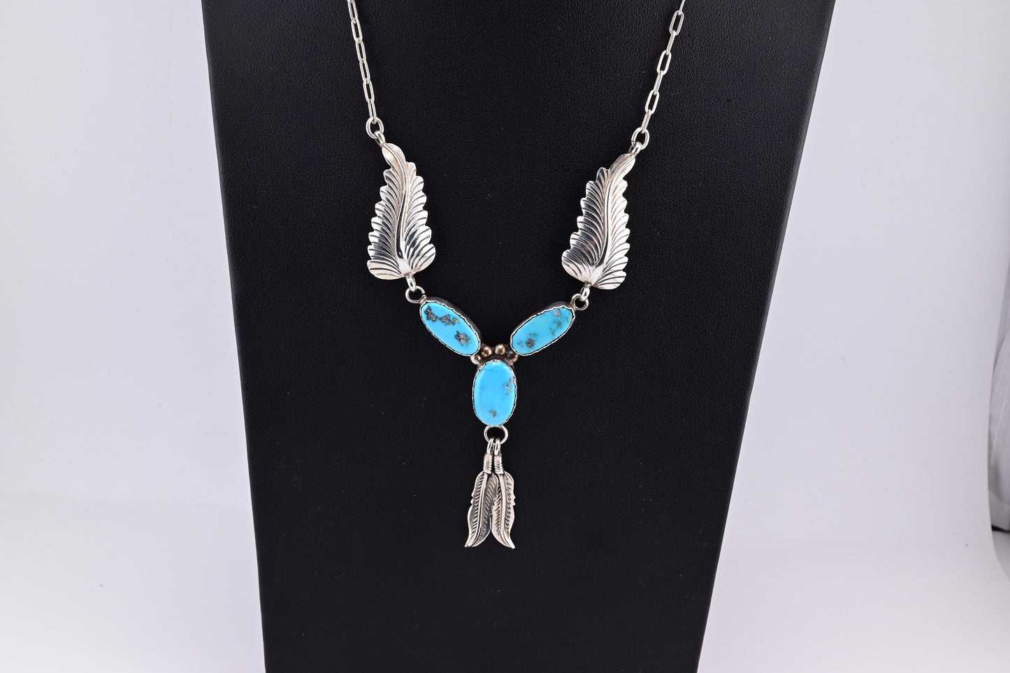 Superb Sterling Silver Native American Navajo Feather Turquoise Necklace