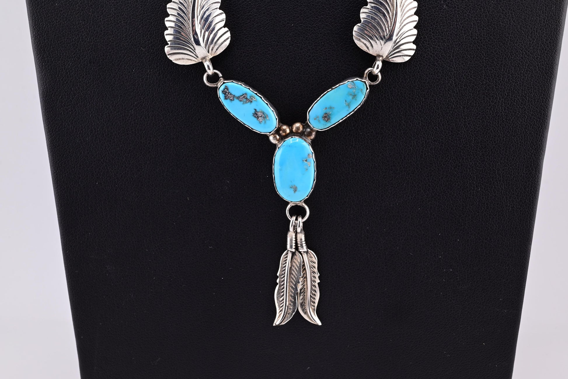 Superb Sterling Silver Native American Navajo Feather Turquoise Necklace