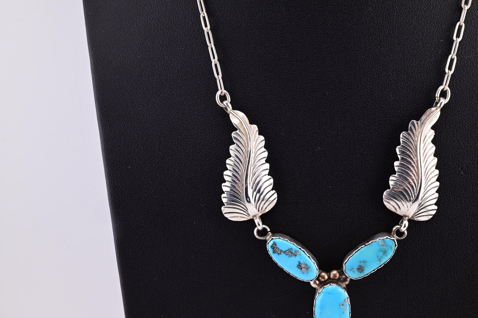 Superb Sterling Silver Native American Navajo Feather Turquoise Necklace