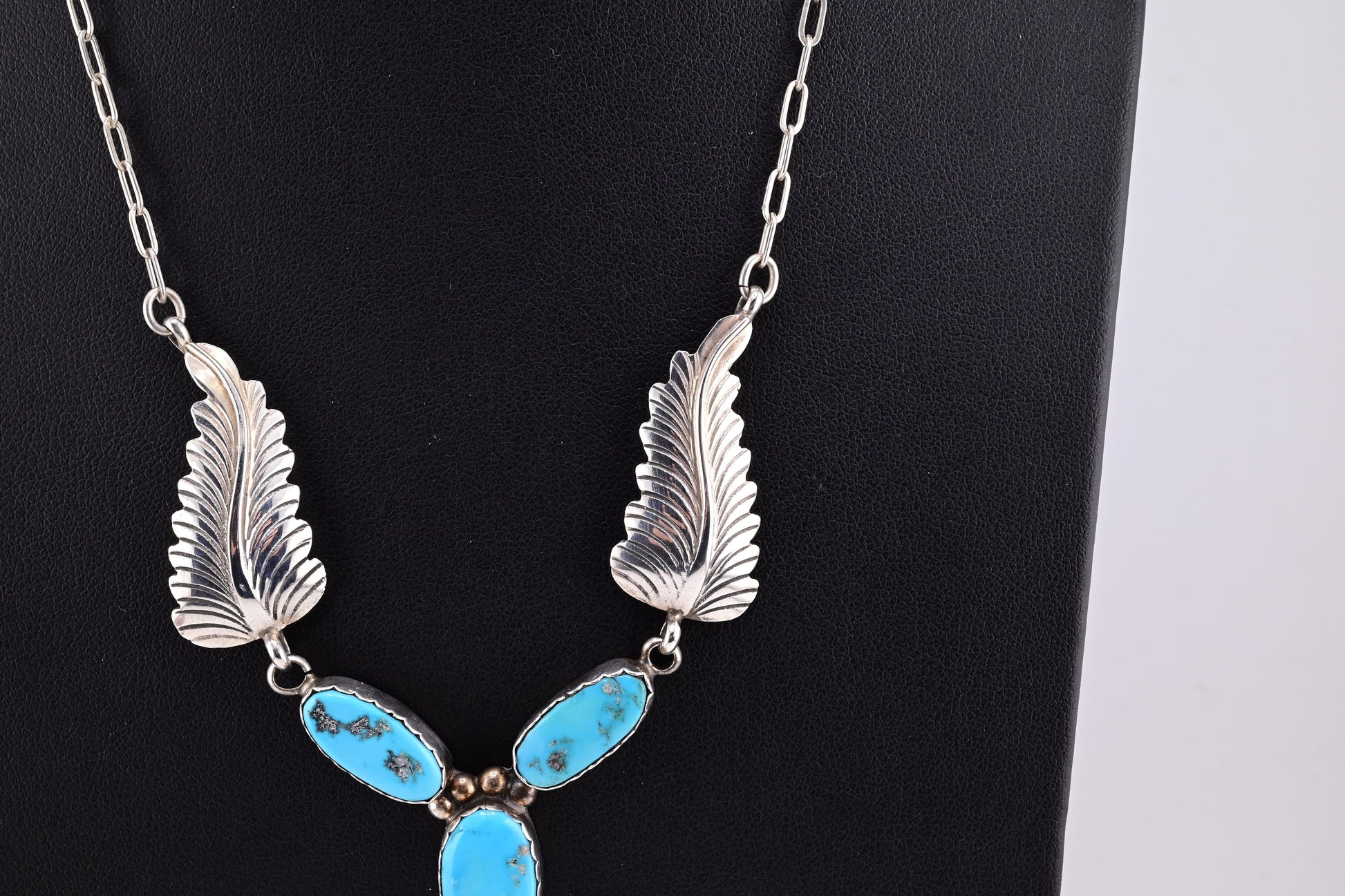 Superb Sterling Silver Native American Navajo Feather Turquoise Necklace