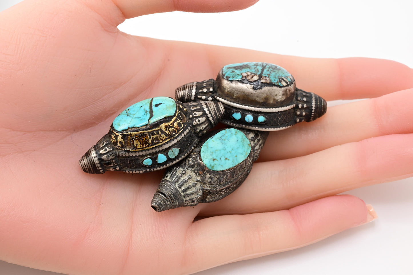 Collection 3 Antique Tibetan Nomad Women Turquoise Bead Head Ornament Jewelry